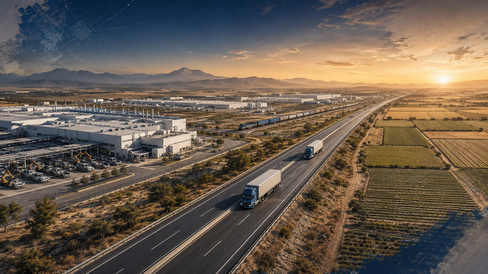 Corredor logístico San Luis Potosí — autopista 57 entre planta automotriz y campos agroindustriales